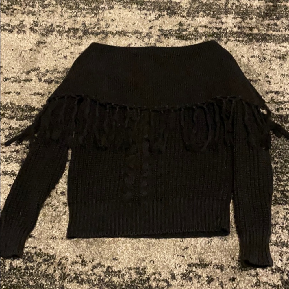Vintage 80s off the shoulder black tassel sweater